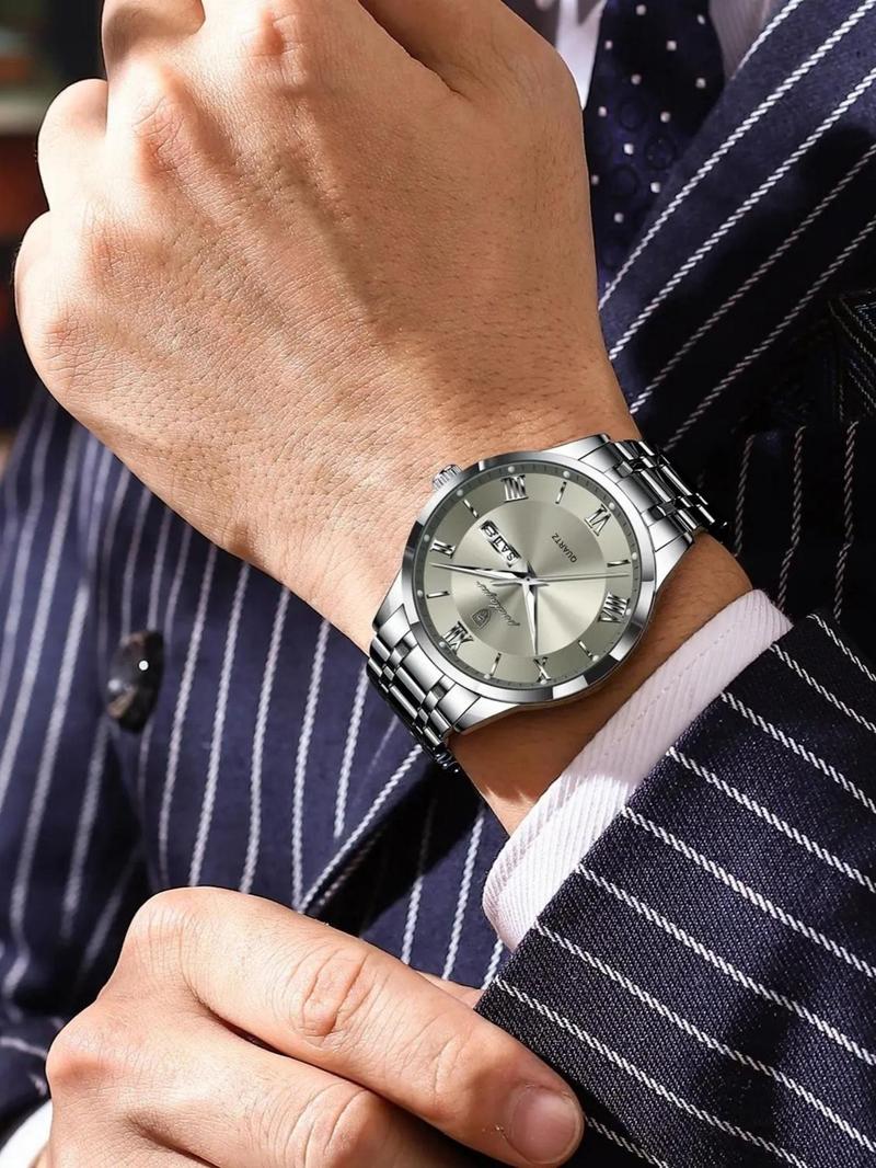 Men's Business Fashion Round Dial Analog Quartz Watch, Fashionable Stylish Watch, Fashion Watch for Party, Daily Clothing Decor, Trendy All-match & Exquisite Watch for Birthday Gift with Box