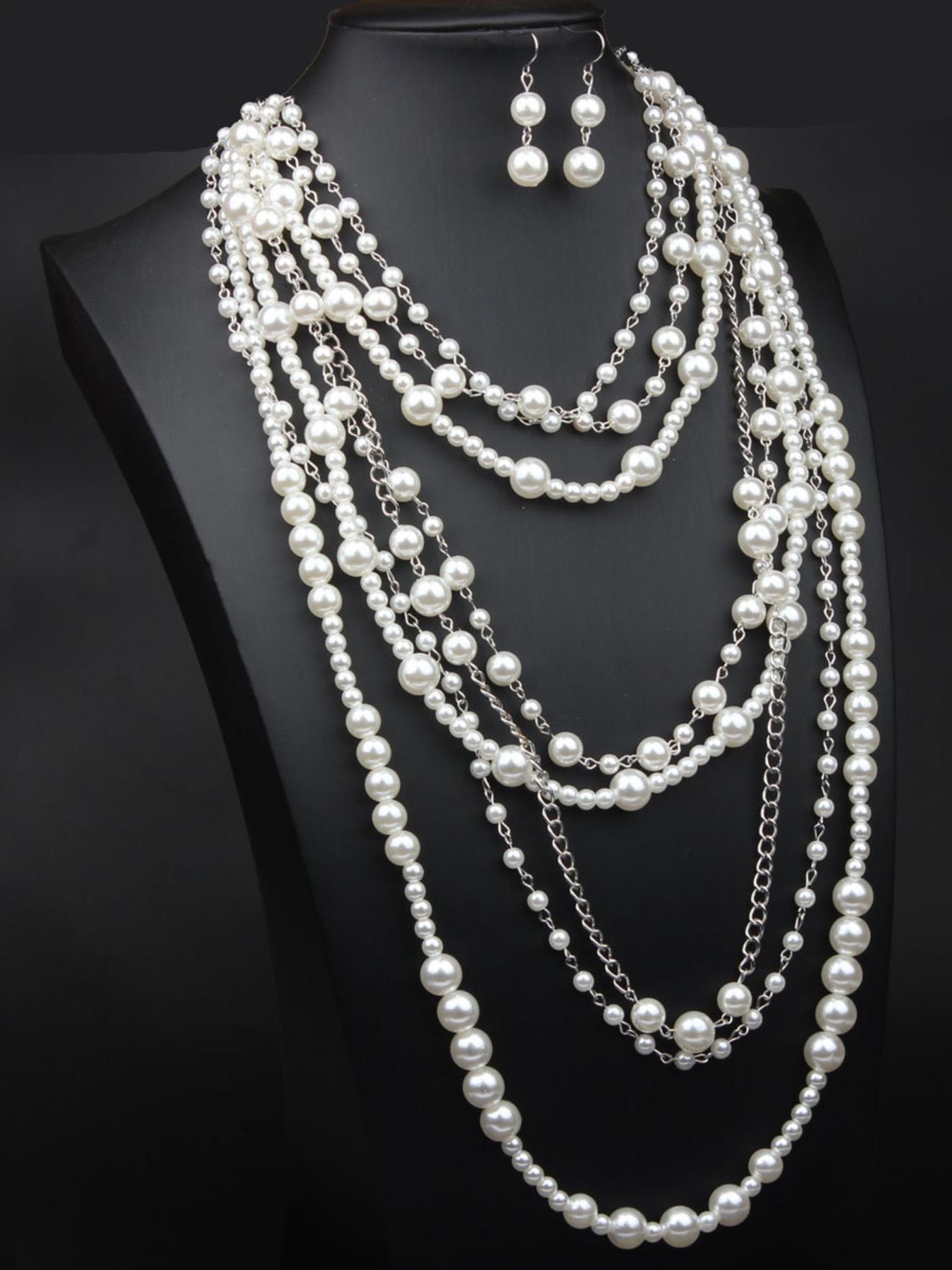 Exaggerated Multi-layer Faux Pearl Decorated Necklace & Dangle Earrings, Elegant Jewelry Set for Party, Daily Decor, Trendy All-match & Exquisite Jewelry for Birthday Gift