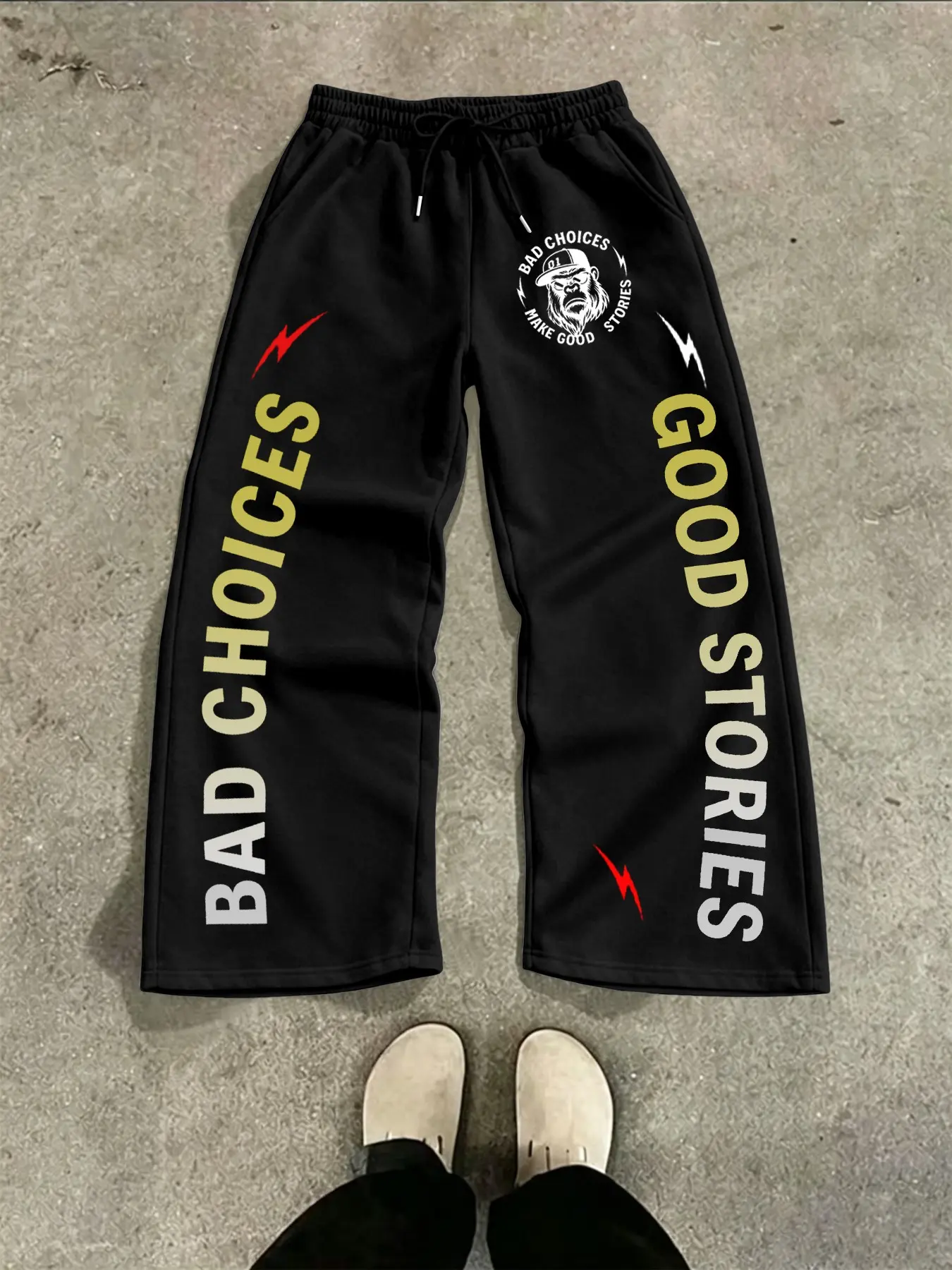 Men's Long Pants, Motivational Quotes Loose Fit, Lightning and Gorilla Pattern, Street Style Sportswear, Casual Fitted Pants for All Seasons