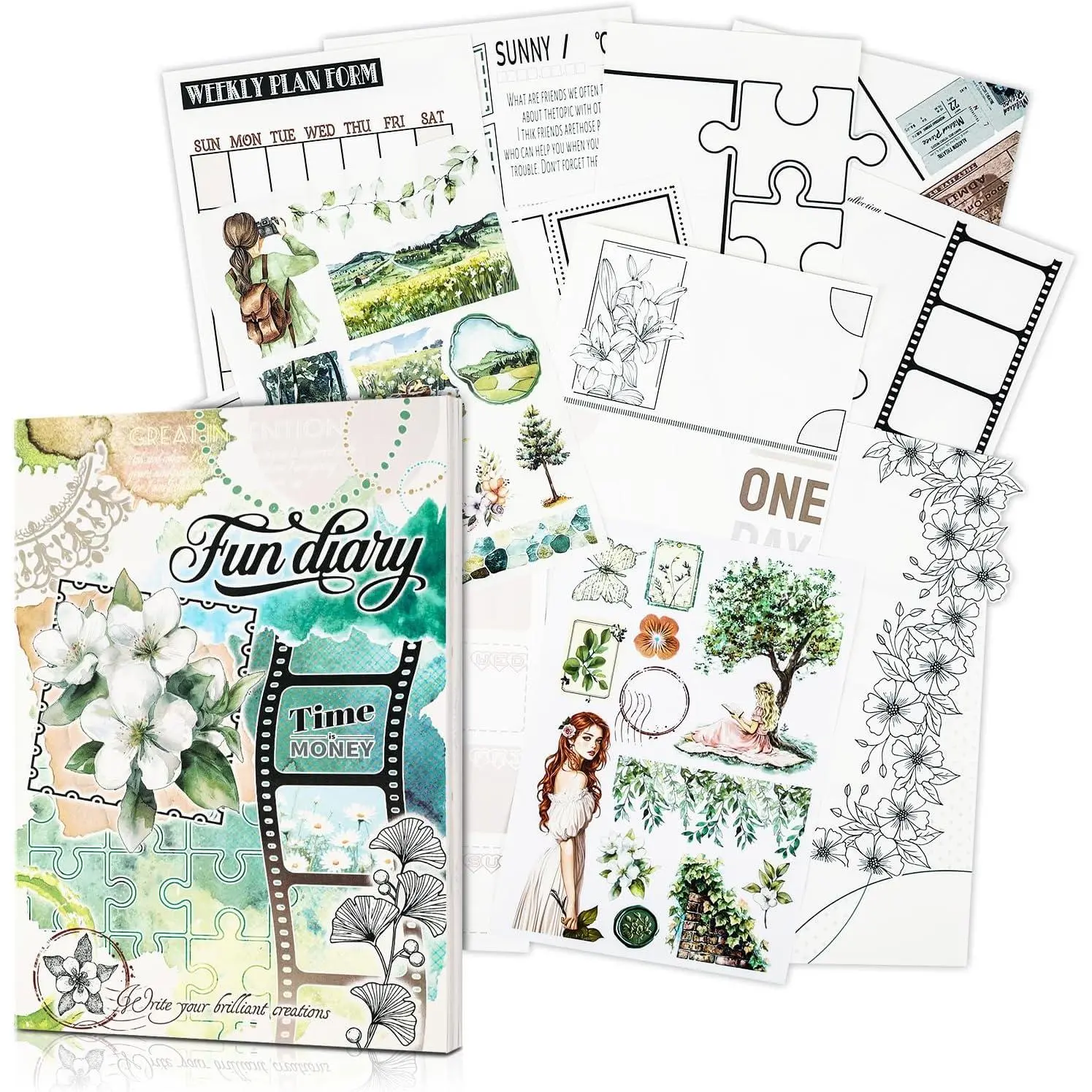 Creative Art Journal Notebook with 28 Interesting Concept Templates Pages and 8 -Cut Stickers for Junk Journal, Scrapbook,  Media, 8.3in × 5.8in, Green