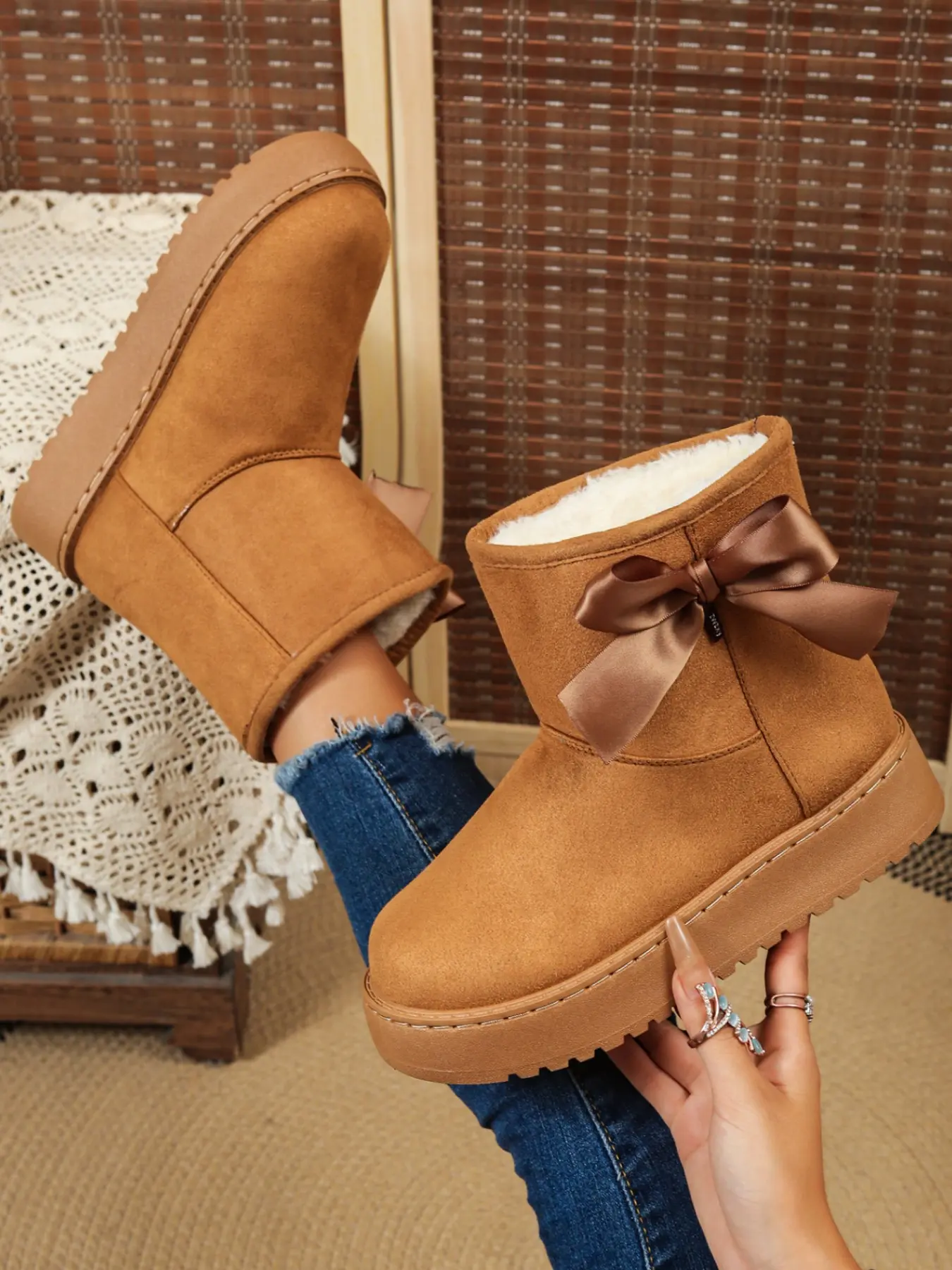 Sweet Style Side Bow Tube Snow Boots for Women, Full Coverage Thick Velvet, Warm Anti-Cold Short Boots, Soft Sole Winter Shoes