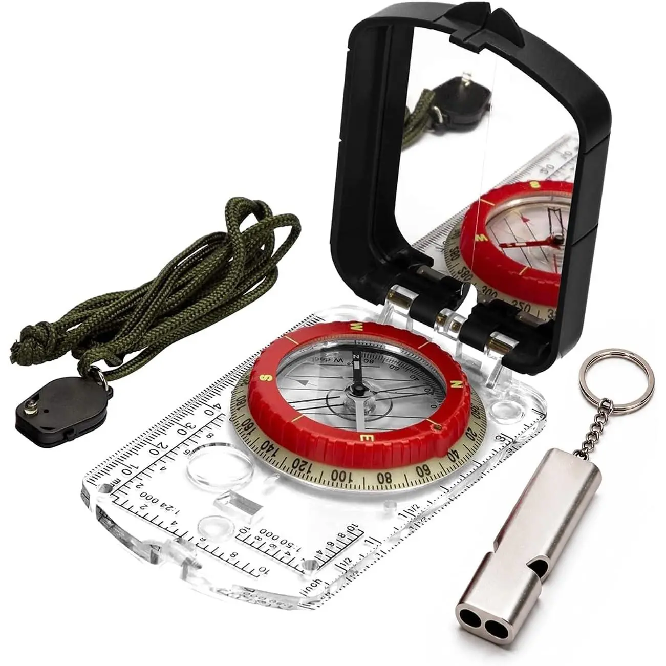 Orienteering Compass with LED Light & Global Needle, Adjustable Declination, Sighting Mirror, Built-in Clinometer, Emergency Survival Whistle for Hiking, Camping, Outdoor Navigation