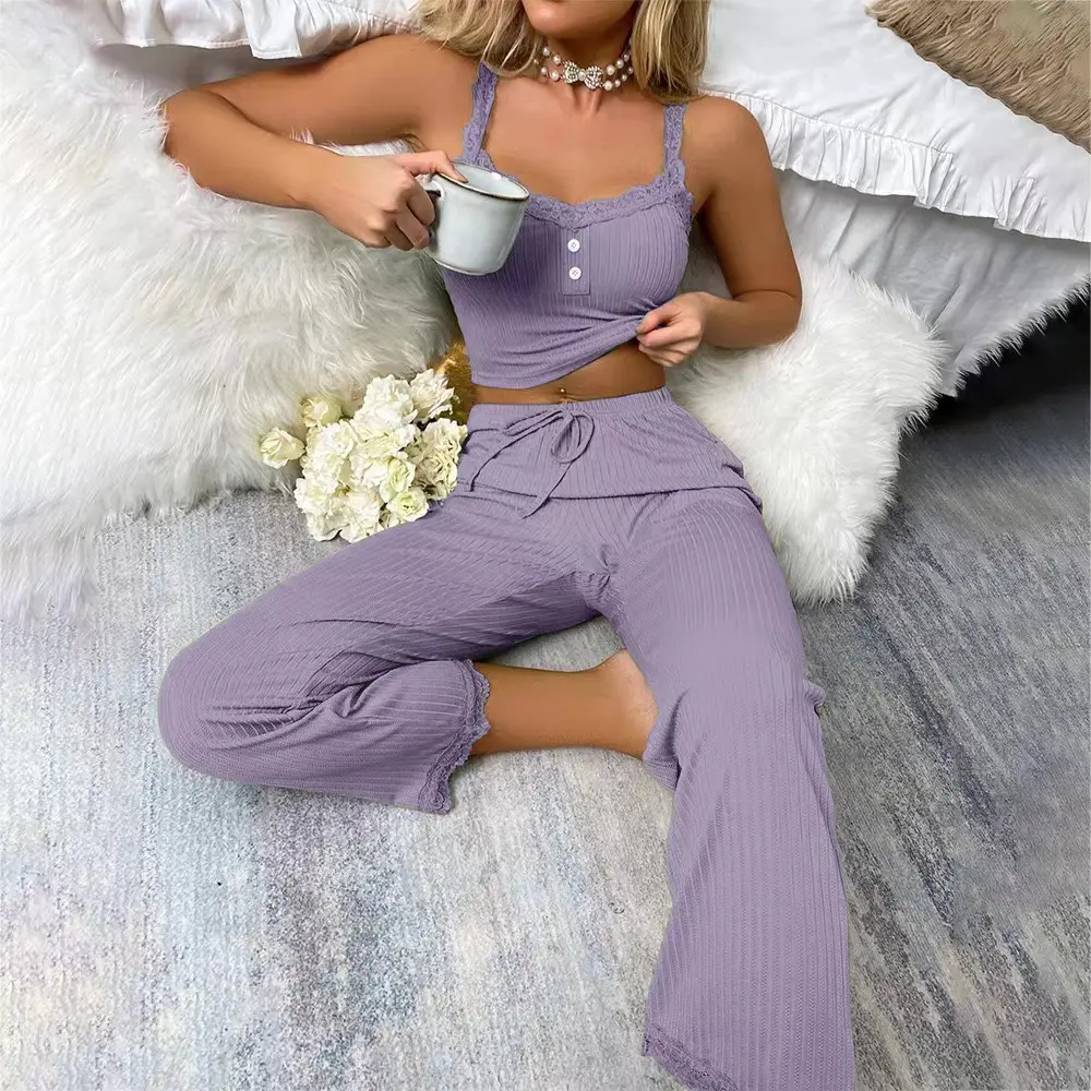 Women's 2-Piece Nylon Blend Solid Plain Loungewear Set - Camisole Top & Long Pants Summer Sports Underwear for Ladies, Sleeveless, Basic, 2 Piece Sets, Lounge Set