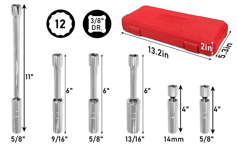 6PCS 3/8" Drive Magnetic Swivel Spark Plug Socket Set, Includes 9/16", 5/8", 13/16",14mm Socket, Thin Wall Spark Plug Sockets with 12 Point, CR-V
