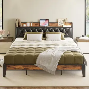 King Bed Frame, Storage Headboard with Outlets, Easy to Install, Sturdy and Stable, No Noise, No Box Springs Needed, Rustic Brown and Black