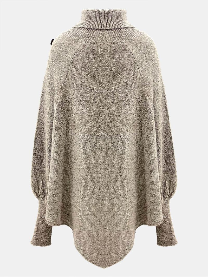 Women's Plain Fake Buttons Batwing Sleeve Sweater, Casual Long Sleeve High Neck Jumper for Fall & Winter, Fashion Ladies' Knitwear for Daily Wear