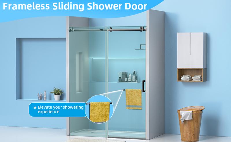 GARVEE 56"-60"W x 75"H Frameless Shower Door, Sliding Shower Door with 5/16"(8mm) Clear Tempered Glass, Noiseless Shatterproof Shower Door with Square Rail, Stainless Steel Hardware, Matte Black