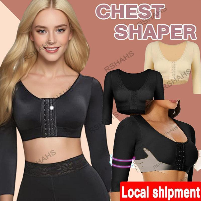 Women Arm Shaper Post Surgery Push Up Bra Compression Long Sleeves Corset Front Seamless Black Shapewear Womenswear Nylon Basic Crewneck Minimalist