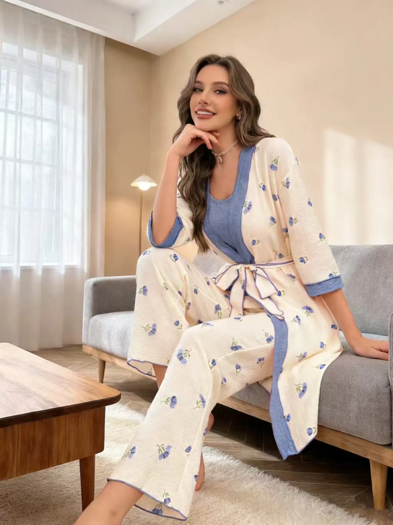 Soft Blue Floral Print Three-Piece Pajama Set, Loungewear Sleepwear Set, Contrast Trim Waist Tie Sleep Robe, Ideal for Daily Home Wear, Casual Lounge, Short Trips, Bedtime, Homewear