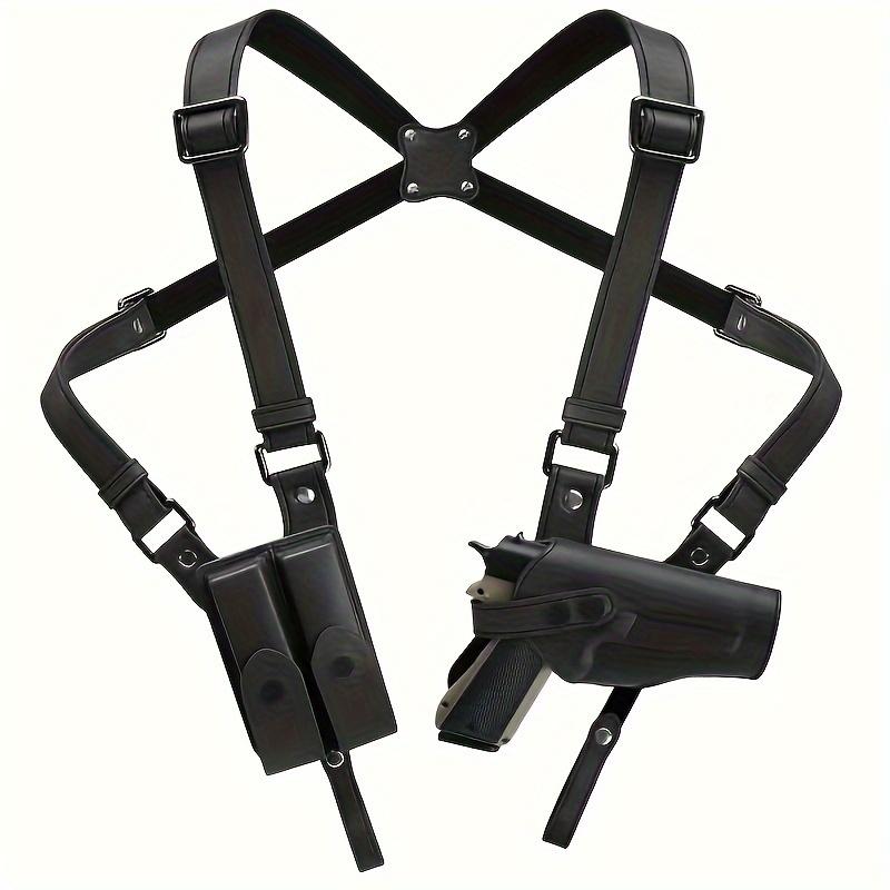 Adjustable shoulder holster with dual magazine clips, universal vertical concealed carry holster, fits 1911 and most pistols, premium leather (brown/black)