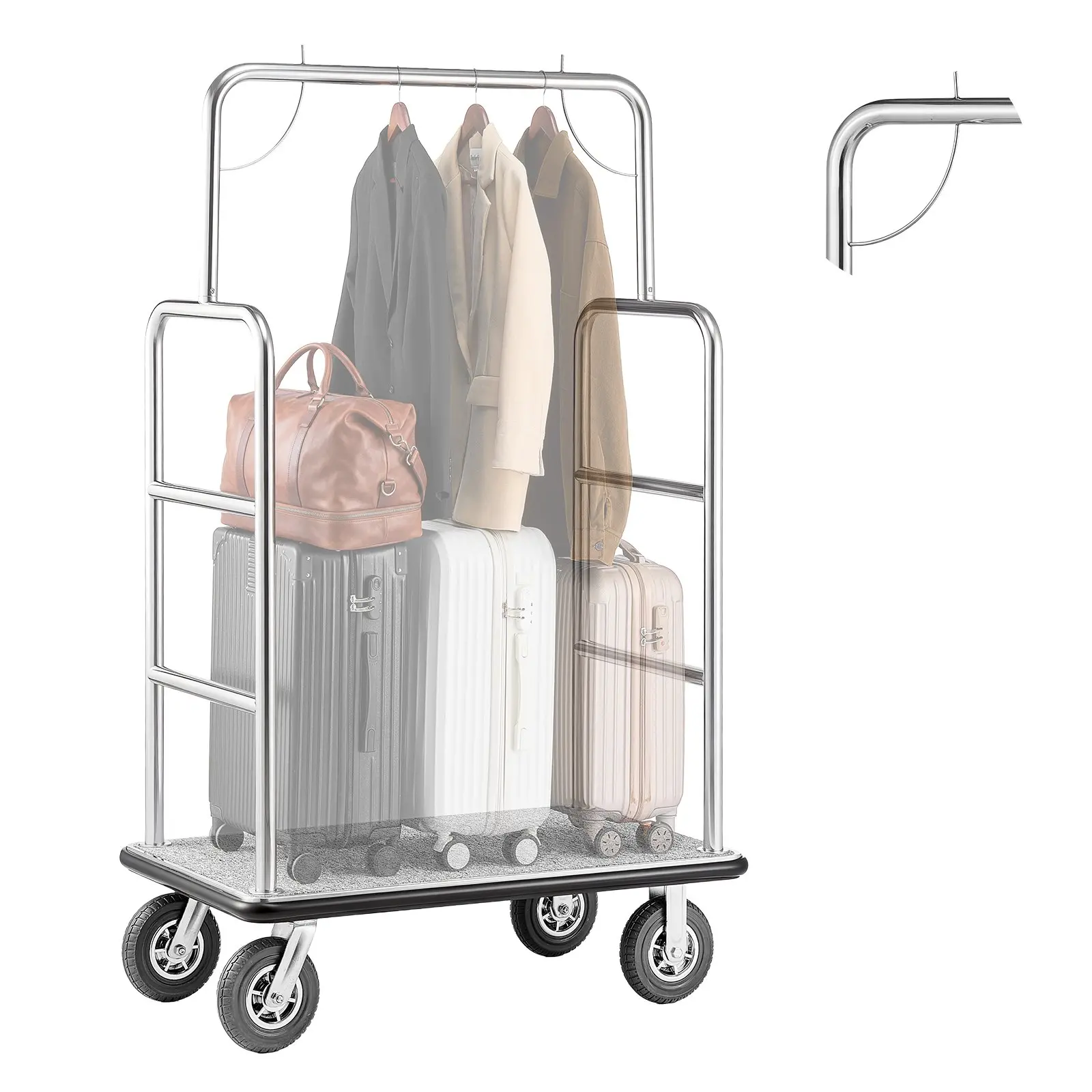 【DealsForYouDays】VEVOR Hotel Luggage Cart, 1200 LBS Load Capacity, Brushed Stainless Steel Finish Bellman's Cart, Valet Cart with Grey Carpeted Deck and 8-inch Rubber Wheels, Ideal for Hotels, Condos, Resorts, Silver