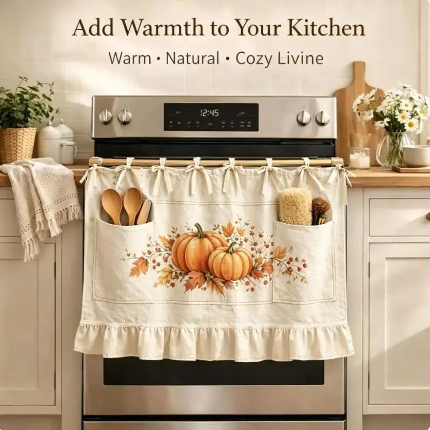 Handmade Linen Oven Skirt Curtain with Storage Pockets, Farmhouse Style Ruffled Decor, Multi-use Cover for Oven, Dishwasher and Kitchen Cabinets Print