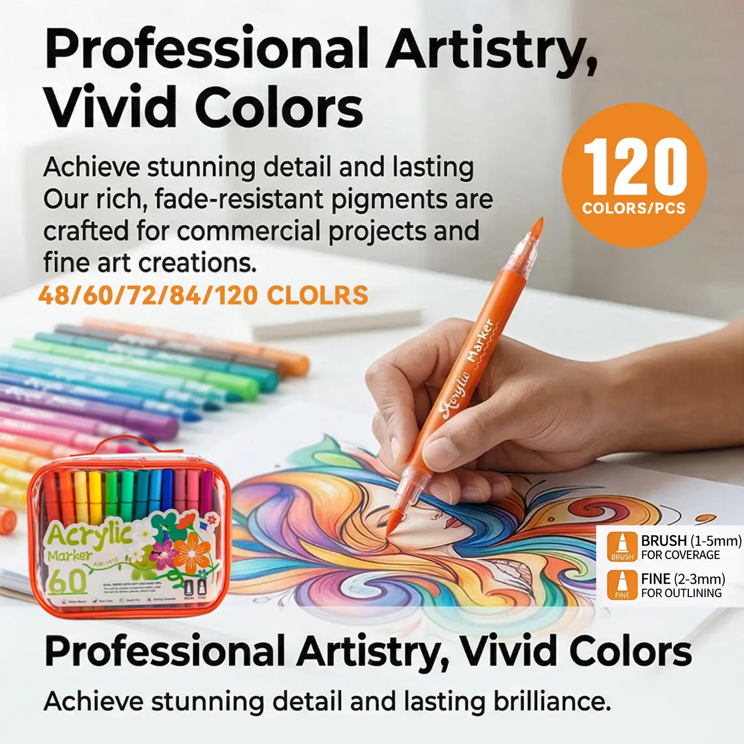 48-120 Color Dual-Ended Acrylic Markers Set, Soft and Hard Tips, Water-Washable, Student Art DIY, Portable Storage Bag Included