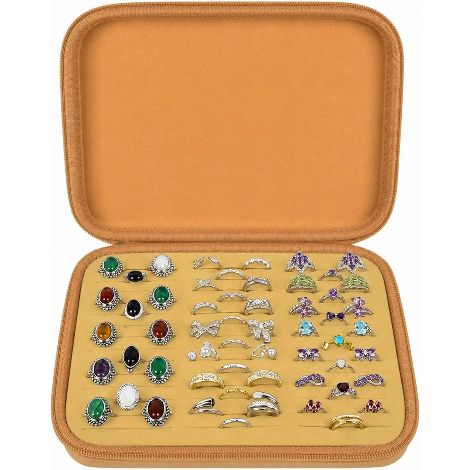 Ring Organizer Box, 42-Slot Hard Shell Case, Holds 50+ Pieces, khaki | EVA and PU Carry Case with   Slots, Zipper and Handle for Collectors, Travel, Hotels, Weddings and Displays