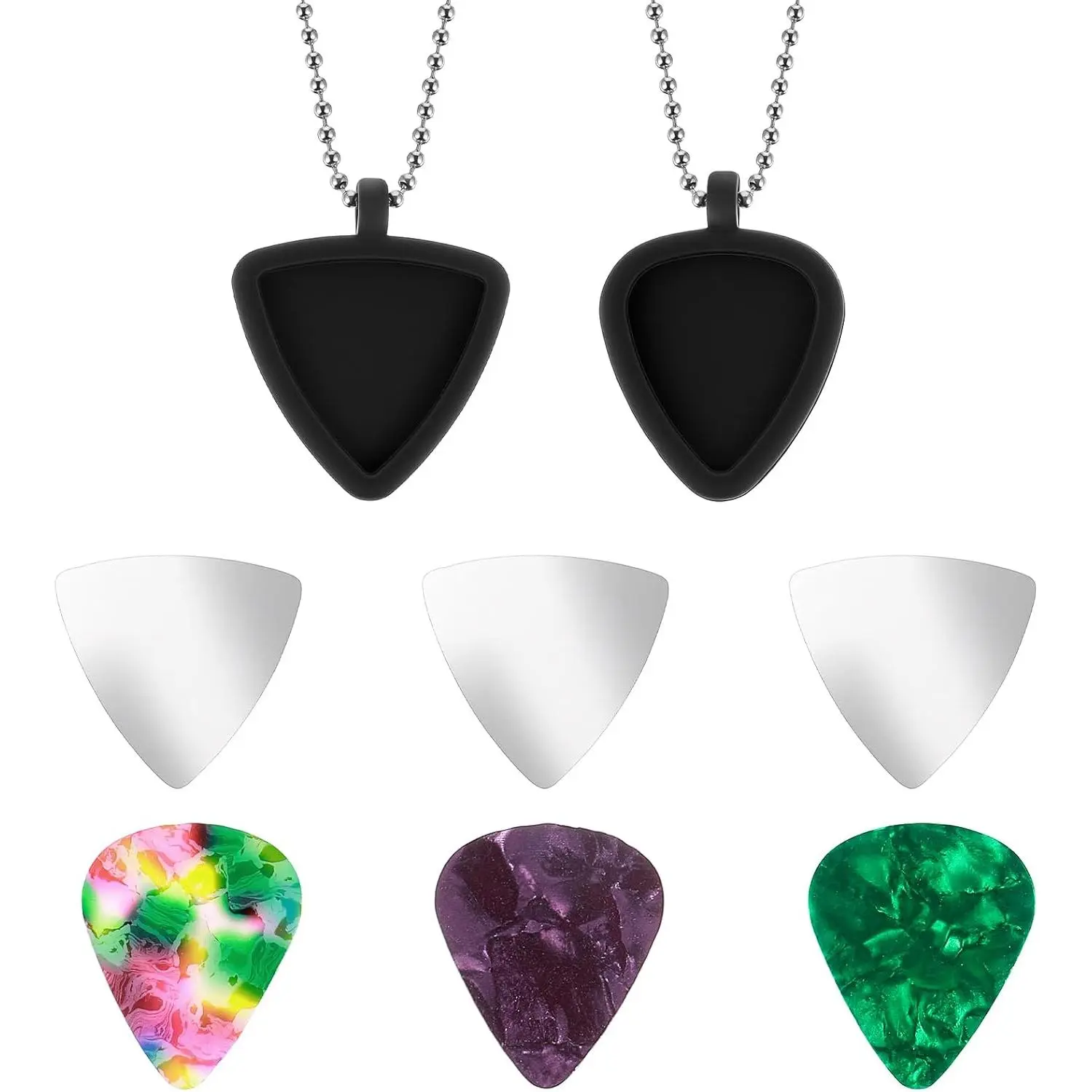 Xindojuz 2 Set Guitar Pick Holder Necklace with 3 count Stainless Steel Picks & 3 Colorful Celluloid Picks, Small Guitar Pick Storage  Ideal for Electric Guitars, Bass, Ukulele Players