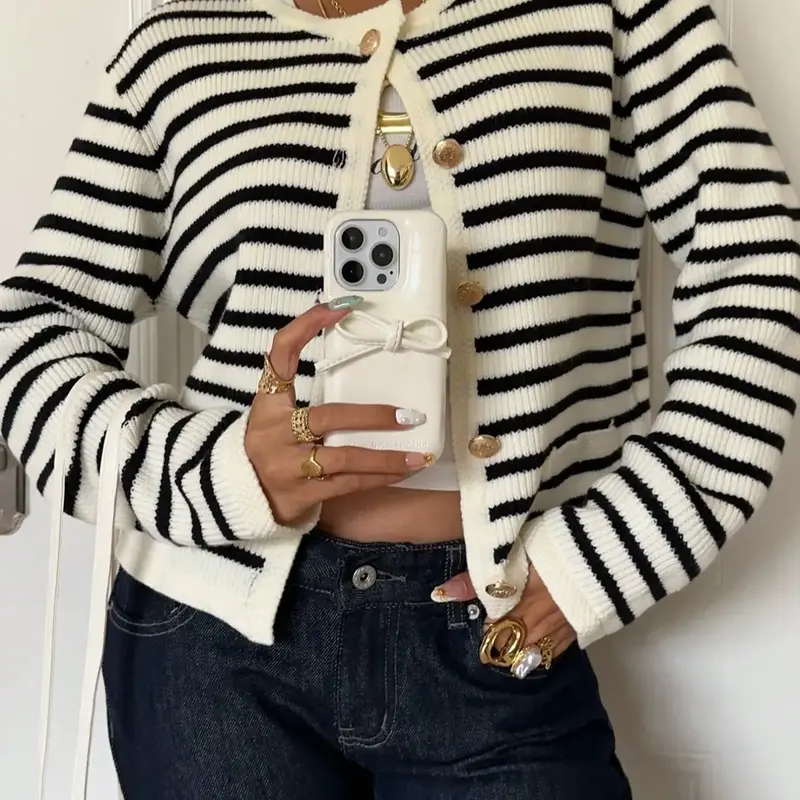 New Women's Knitted Sweater, Sweater Knits, Fall Winter Fashion, Drop Shoulder Button Front Cardigan, Striped Long Sleeve Top, Ladies Casual Wear