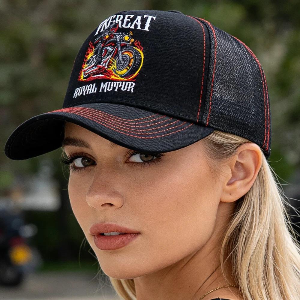 Hot Sale Motorcycle Embroidered Trucker Hat Flame Biker Patch Baseball Cap For Man Woman Breathable Streetwear Summer Mesh Caps