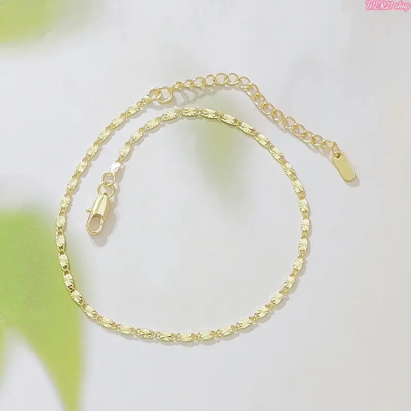 [WER21]14K Gold Plated Copper Water Wave Ankle Bracelet for Women, Dainty Diamond Cut Shiny Flat Link Adjustable Anklet with Extension Chain & Lobster Clasp, Summer Beach Foot Jewelry Gift for Birthday Valentine's Day