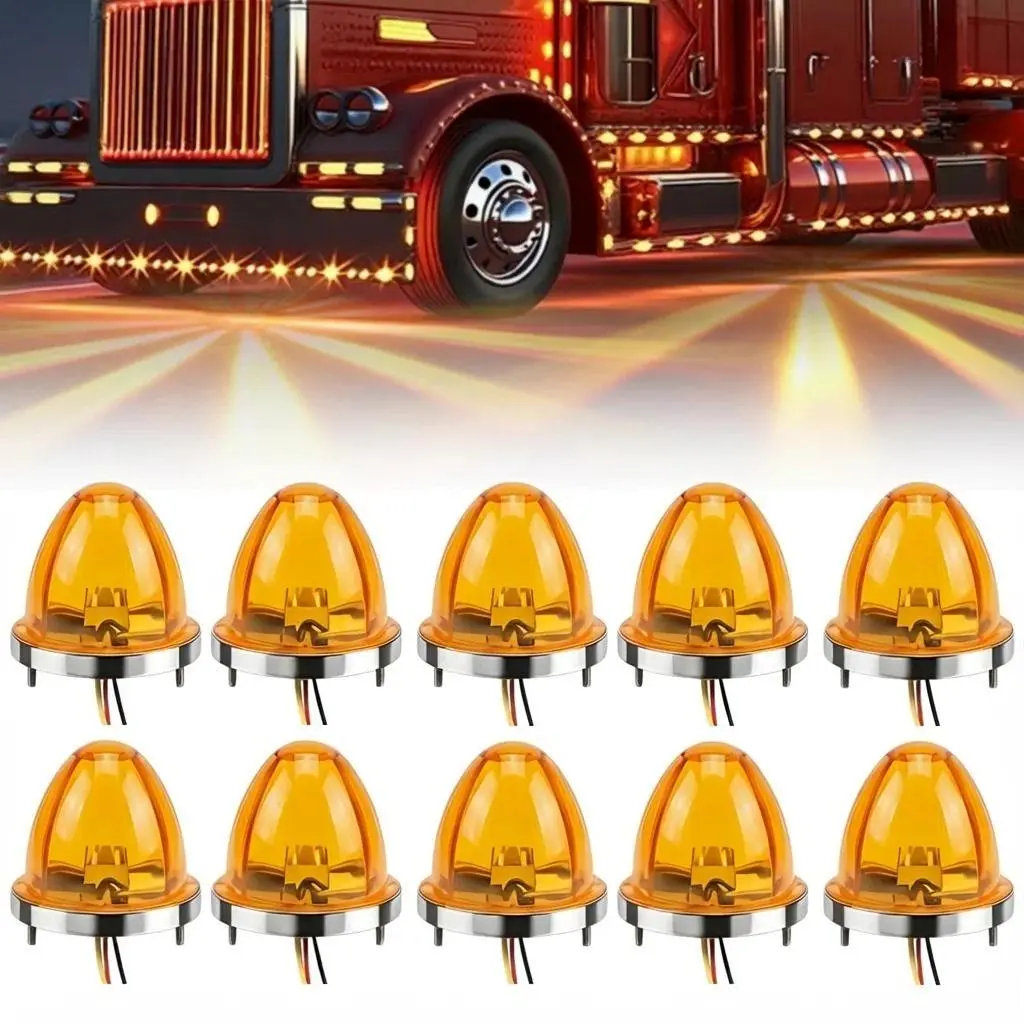 10PCS LED Watermelon Strobe Cab Marker Lights, 12V-30V Wide Voltage Kenworth Trailers Freightliner Lamp, 3-Wire System, 3.7in(Dia)x3in(Ht), IP67 Sealed Corrosion Resistant Starburst Clearance & Turn Signal Auxiliary Warning Light, Led Lights, Mounting Har
