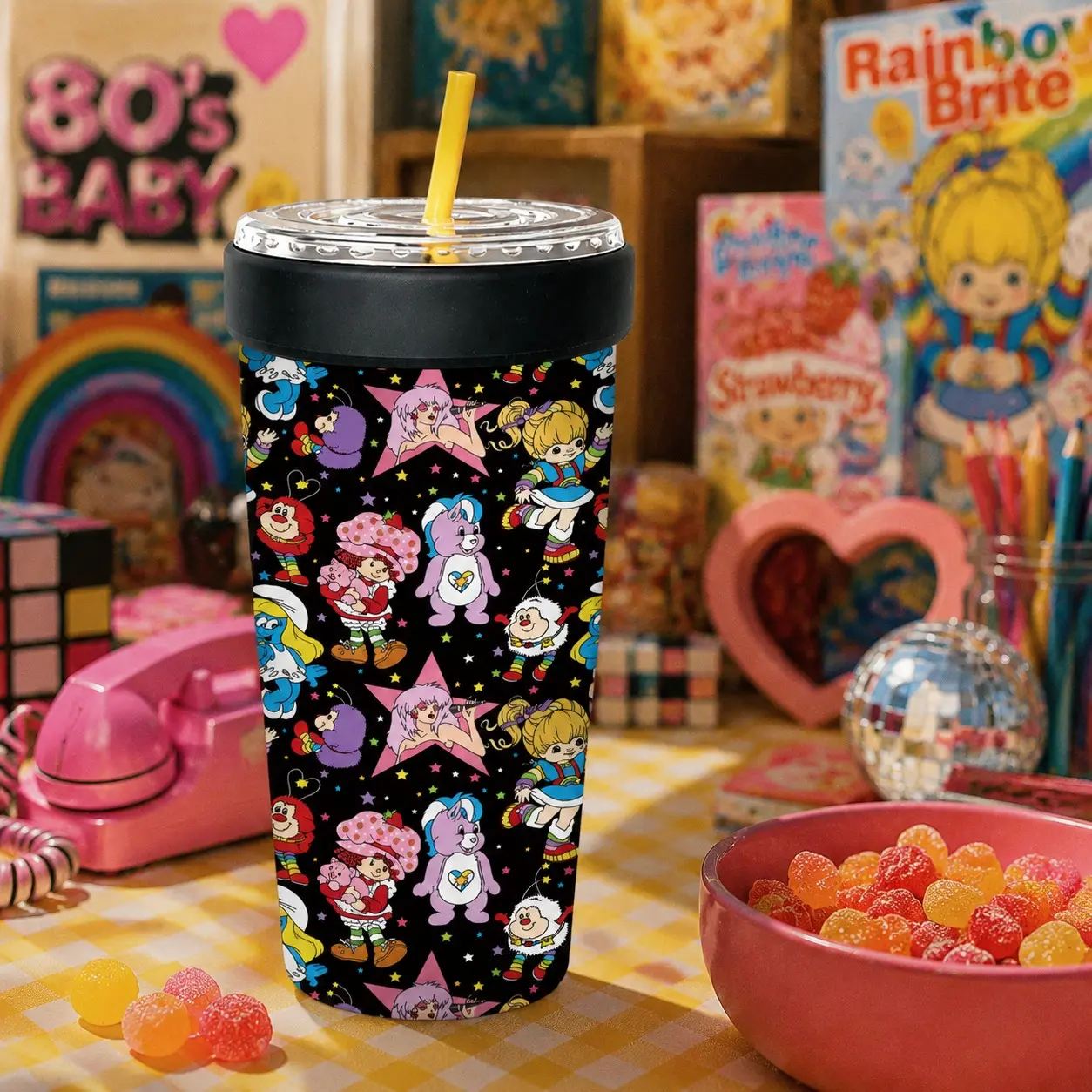 1PC 32oz Retro 80s Cartoon Print 2-in-1 Insulated Tumbler & Iced Coffee Cup Sleeve, Leak-Proof Double Wall Stainless Steel Travel Mug, Cold 12+H & Hot 6+H, Fits 16–32oz To-Go Cups, Christmas Gift for Friends & Family
