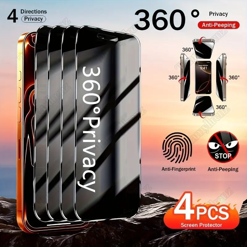 4-Pack 360° Anti-Spy Tempered Glass Film for Apple Devices, Full Screen Fingerproof Privacy Protection, Customized Case Type