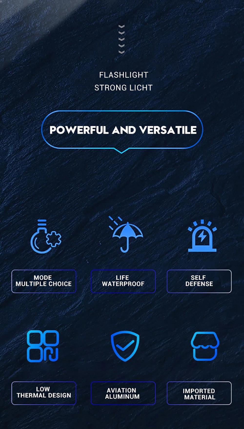 Strong Light Flashlight Portable Rechargeable Bright Household LED Lamp Built in Battery with Power Display