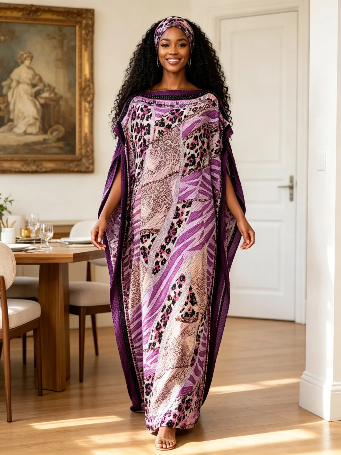 Plus Size Curvy Women 2Pcs Matching Loungewear Set, Purple Leopard Geometric Hotfix Rhinestone Printed Oversized Batwing Caftan with Decor Head Wrap, Soft Crinkle Pleated Sleep Robe, Ideal Outfit for Night Indoor Rest, Hotel Stays & Tropical Beach Getaway