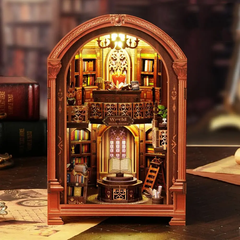 DIY Bookshelf Assembly Model, Wood 3D Puzzle Insert Page, Book Nook Kit, Paper Art Decor, Dollhouse Miniature Set, Birthday Gift