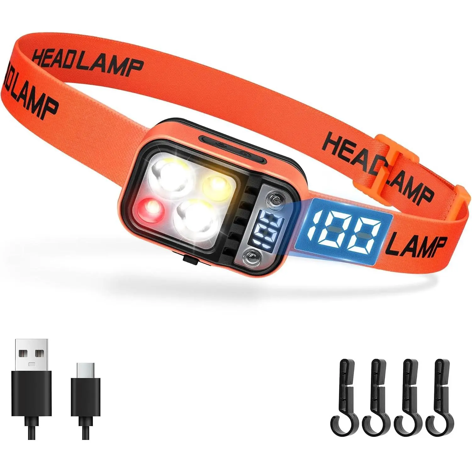 LED Headlamp High Lumens USB Rechargeable Headlight with Digital Power Display, Headband Flashlight for Adults, Hard Hat Light for Camping, Hiking, Running, WorkGift
