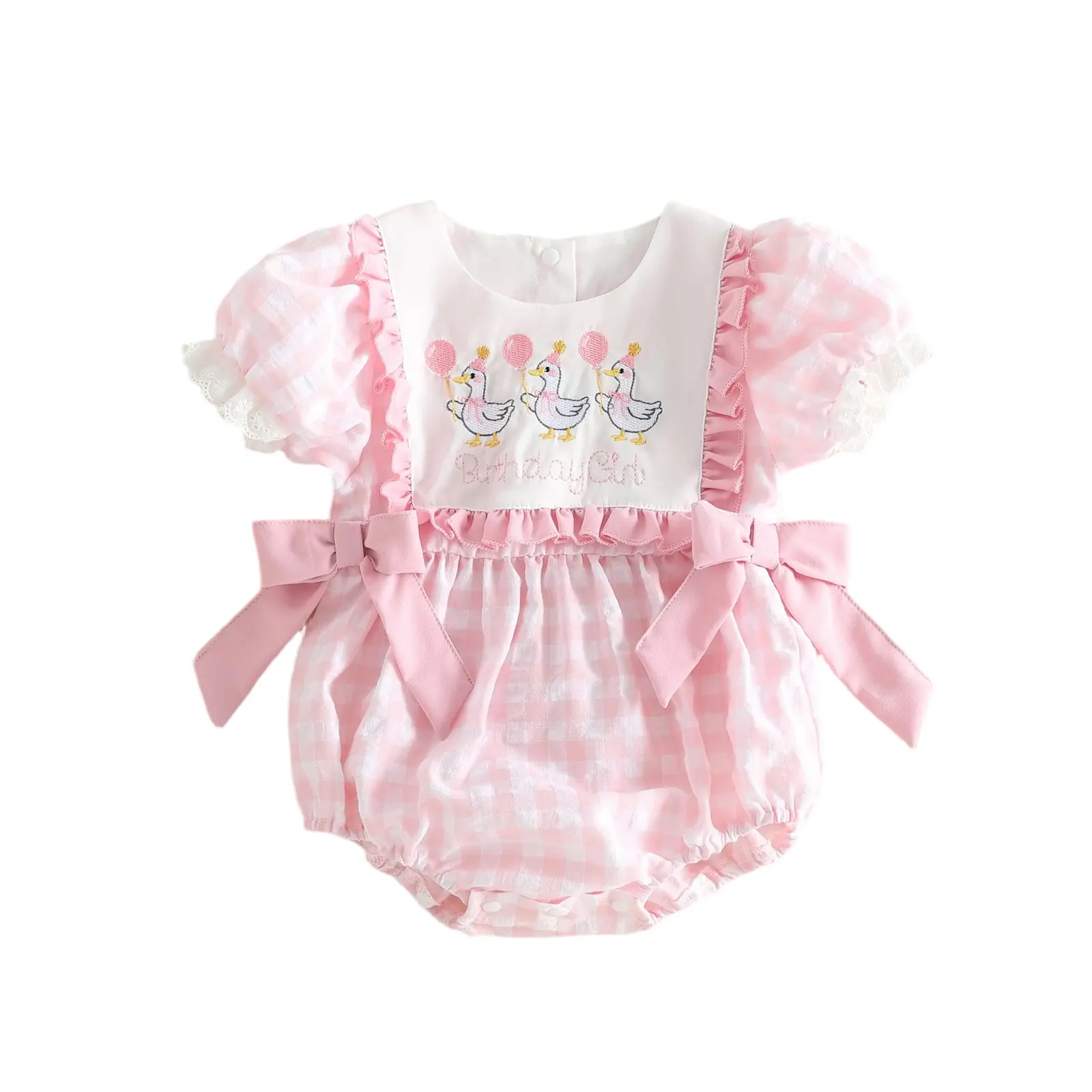 Canrulo Baby Girl First Birthday Romper Goose Letters Embroidery Bodysuit Round Neck Short Sleeve Jumpsuit With Two Bows Decor Plaid Playsuit Infant Girls 1st Birthday Outfits