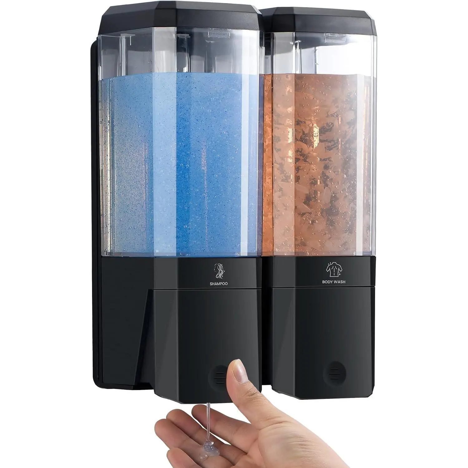 Shampoo and Conditioner Dispenser 2 Chamber No Drill Shampoo Dispenser for Shower Wall Mounted Shower Soap Dispenser 2 * 500ml Refillable Shower Dispenser for Bathroom Hotel(Black 2 Chamber)