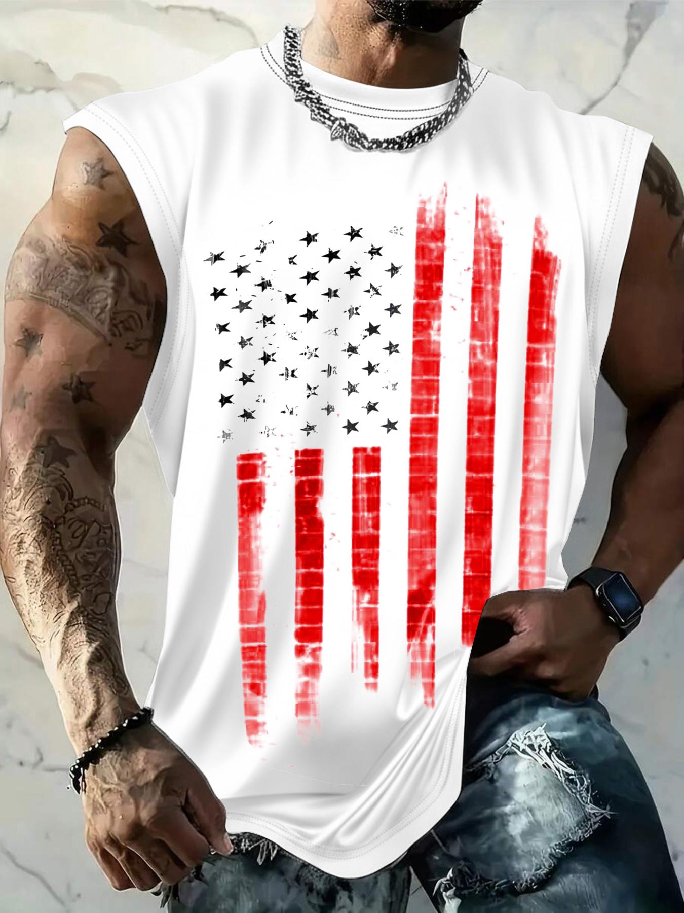 Men's American Flag Print Tank Top, Regular-Fit Casual Sleeveless Top for Daily Outdoor Wear, Men's Clothes for Summer Men's American Flag Print Tank Top, Regular-Fit Casual Sleeveless Top for Daily Outdoor Wear, Men's Clothes for Summer