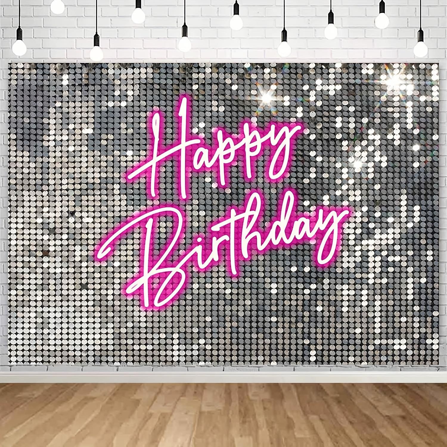 Sparkling Pink Neon Birthday Backdrop - Premium 100% Polyester Soft & Glitter Photography Banner with "Happy Birthday" Text - Perfect for Women's Milestone Parties, Photo Booths & Home Decor