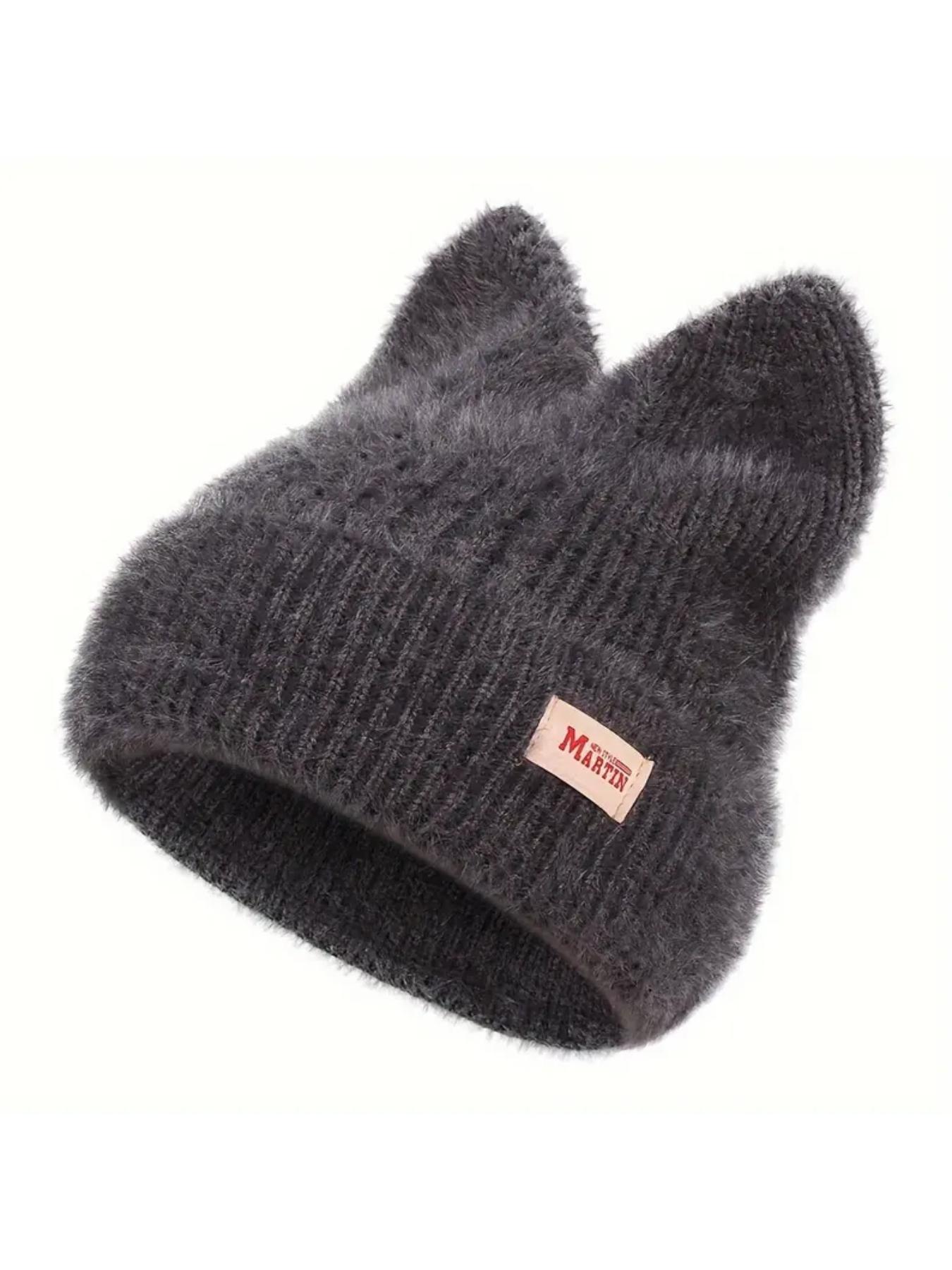 Cute Cat Ear Design Beanie Hat, Casual Solid-Color Knit Hat for Fall and Winter, Warm Pull-On Stretchy Knit Cap for Outdoor Activities
