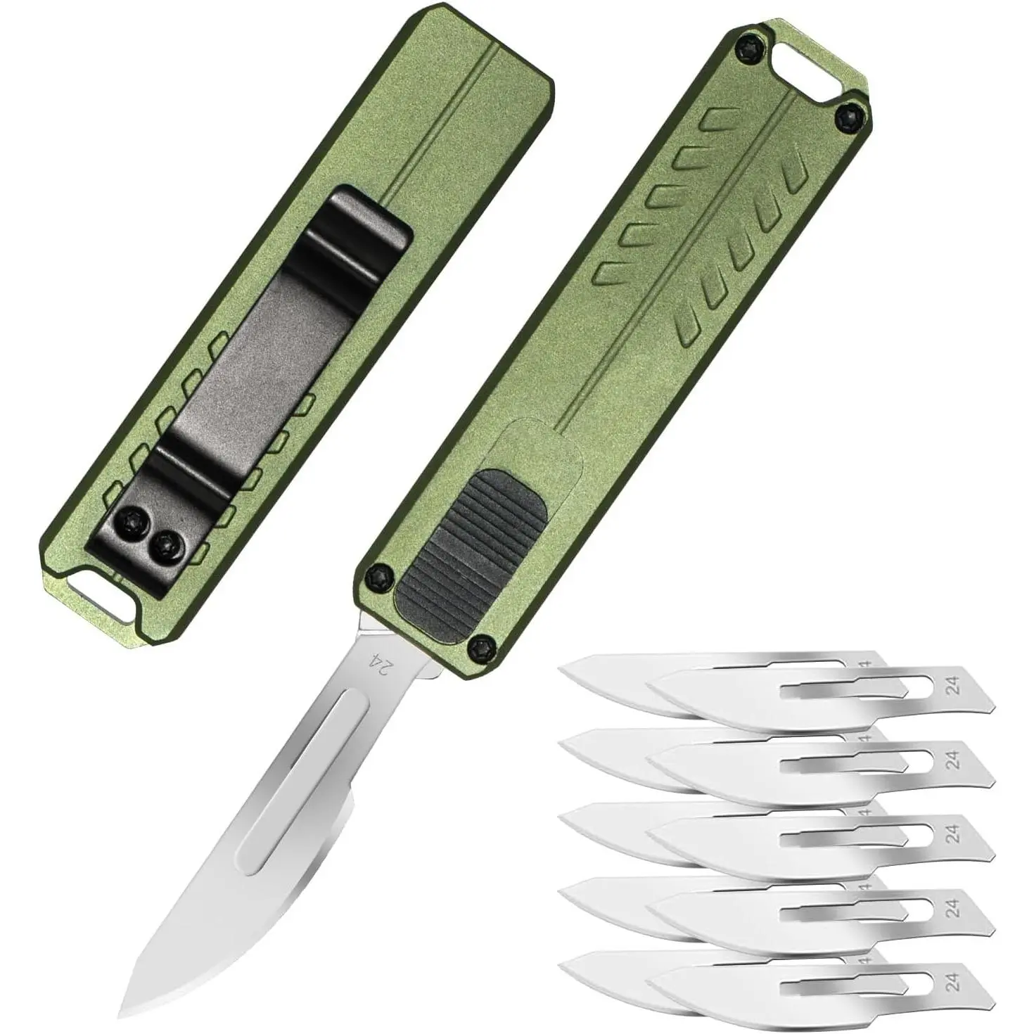 NEXSEN Automatic Retractable Utility Knife - Folding Push-Button Scalpel, EDC Replaceable Blade Box Cutter with 10PCS #24 Razor Blades and S-Shaped Carabiner (Green)