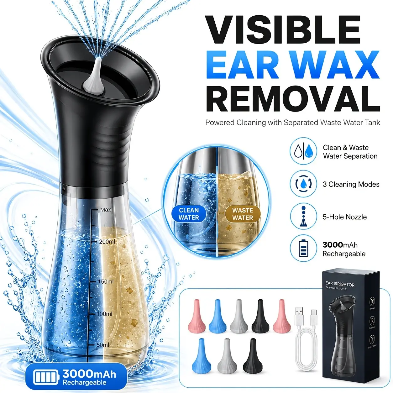 Electric Ear Wax Removal Kit, Smart Ear Cleaner Irrigation Flushing System with LED Display And Visual Waste Tank, 3 Pressure Modes, 3000Mah Rechargeable Ear Washer with 12 Tips
