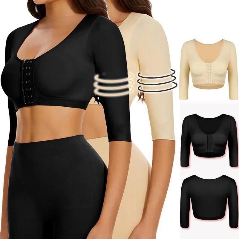 Women's Arm Compression Shapewear, High Stretch Long Sleeve Crop Top with U-Type Push Up Chest Support for Post-Surgery Body Contouring, Push Up Bra, Compression Shirt, Runs Small, Black+Black, Nylon, Post-Surgery Support