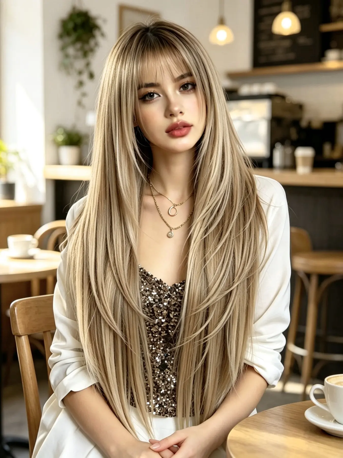Golden Gradient Long Straight Wig with Bangs, Natural Lightweight Synthetic Hair, Heat-Resistant Wavy Medium Length, Perfect for All Seasons, Natural Looking Wigs