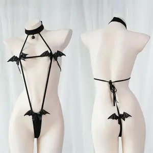 Halloween Bat Cosplay Bikini Lingerie Set Demon Wings Bra Onepiece Devil Underwear Sexy Leather Exotic Costume Party Outfit Gift