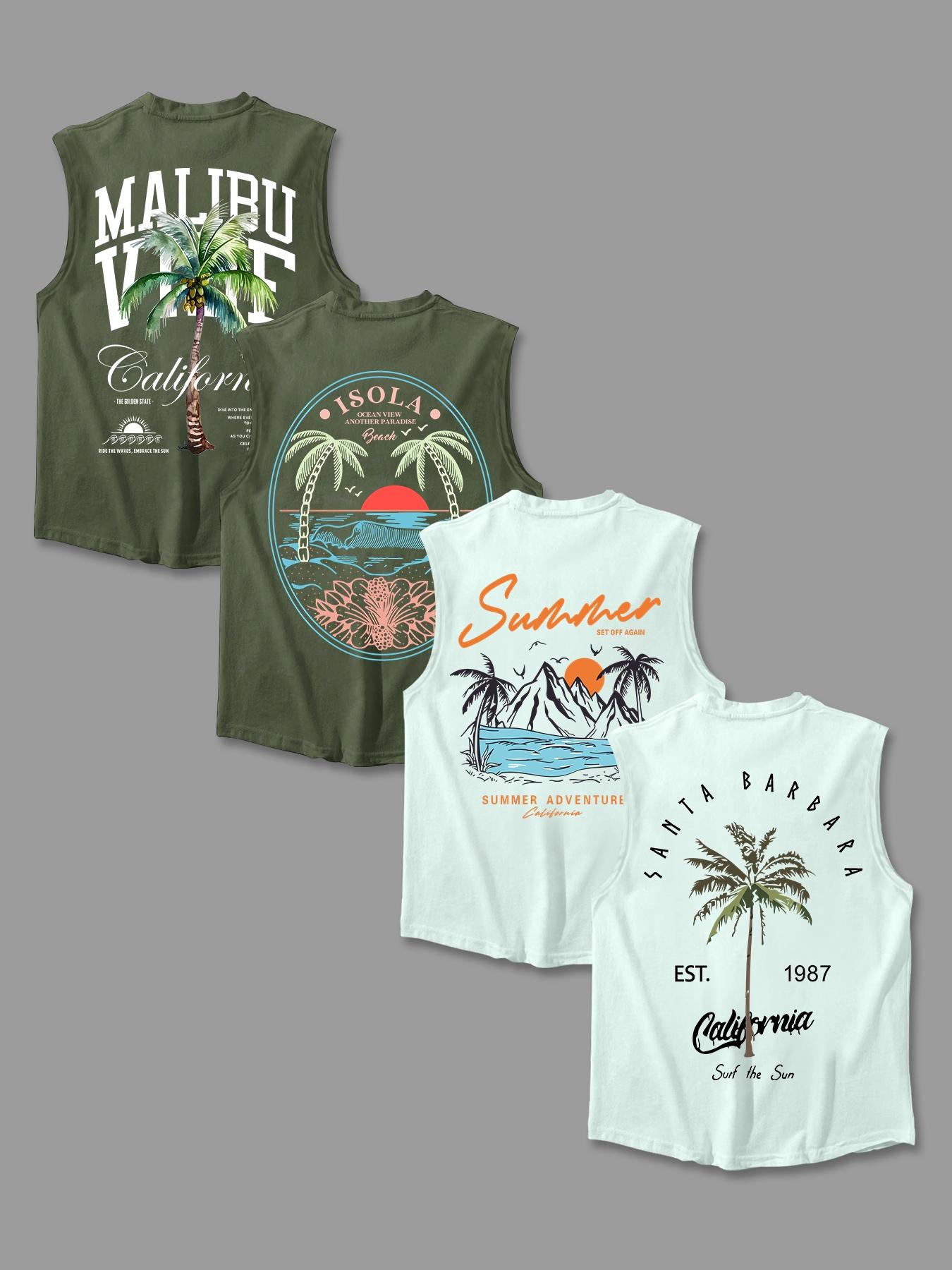 Men's Letter & Tropical Print Round Neck Tank Top, Regular Fit Casual Sleeveless Crew Neck Vest for Summer, Men's Top for Daily Wear, Sleeveless Tank Tops