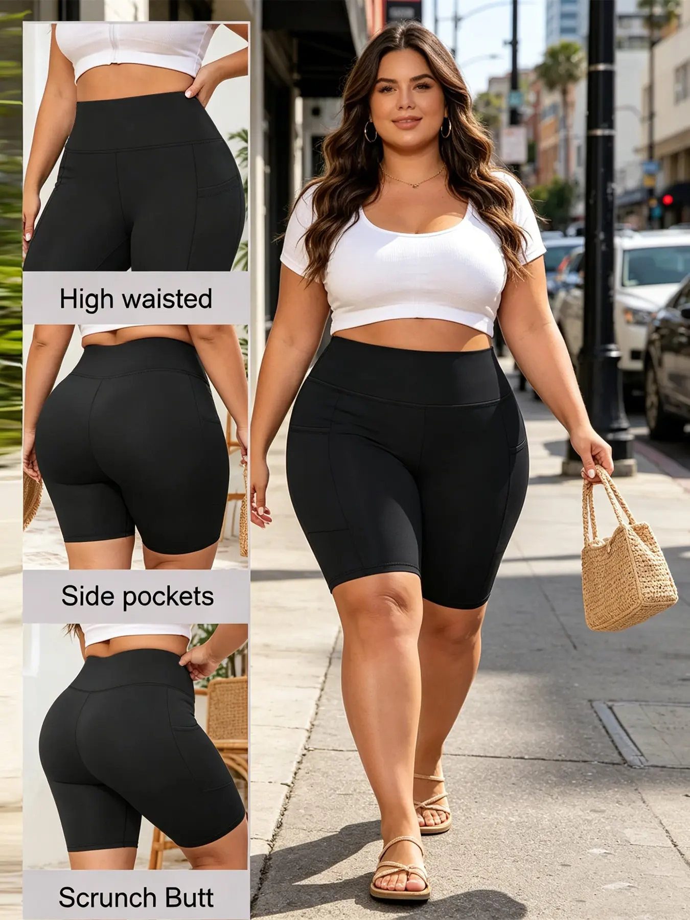 Women's Plus Size High Waist Capri Pants with Side Pockets, Casual Slim-Fitting Athletic Shorts for Outdoor Cycling and Running, Athleisure Shorts, Activewear Shorts