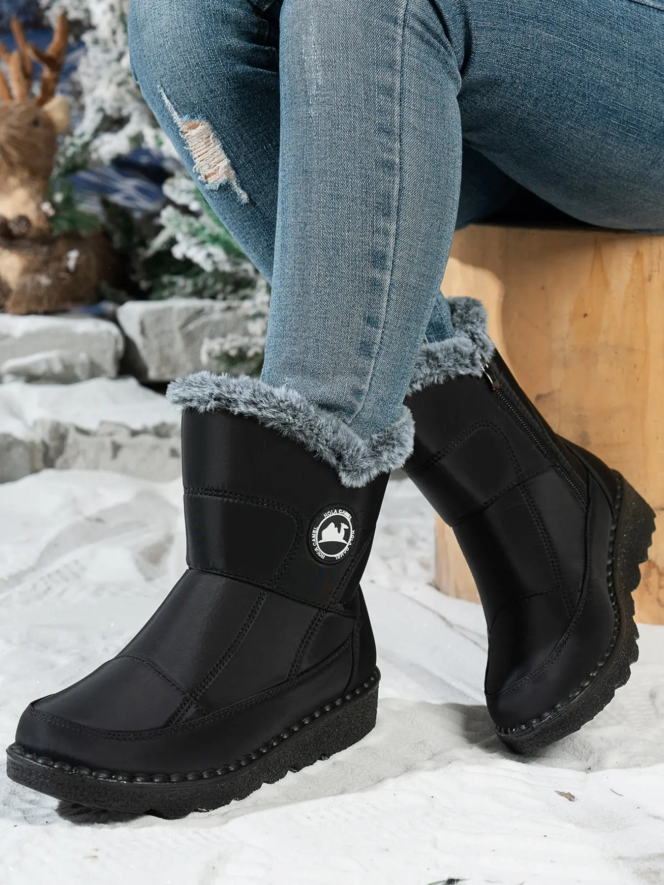 New Mid-Calf Snow Boots for Women, Waterproof Winter Boots, Anti-Slip Fleece Lined, Warm Cotton Shoes, Large Size, Side Zipper, Boots with Zipper