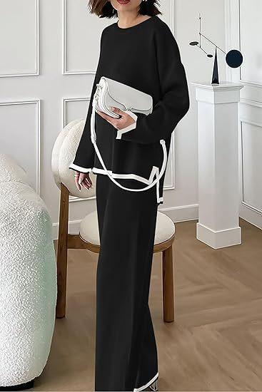Women’s 2 Piece Sweater Sets Long Sleeve Knit Pullover and Wide Leg Pants Tracksuit for Stylish Lounge WearGift