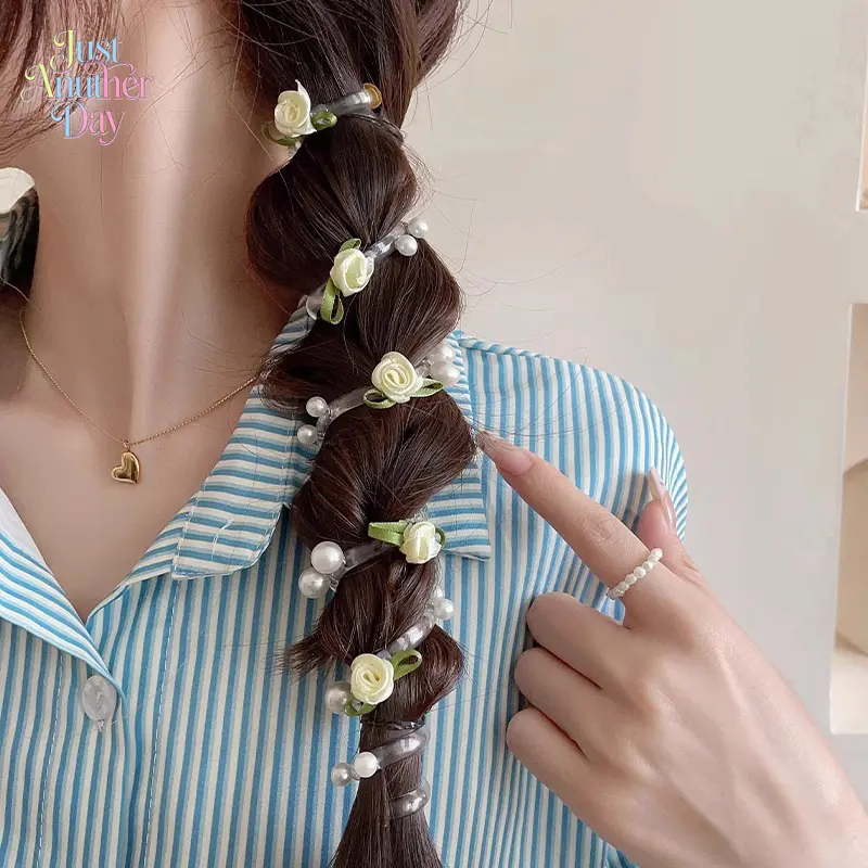 4Pcs Mini Rose Pearl Spiral Hair Coils Transparent Telephone Cord Hair Ties No Crease Bubble Braid Ponytail Holder Sweet Floral Hair Accessories For Women Girls Daily Dating Hairstyle