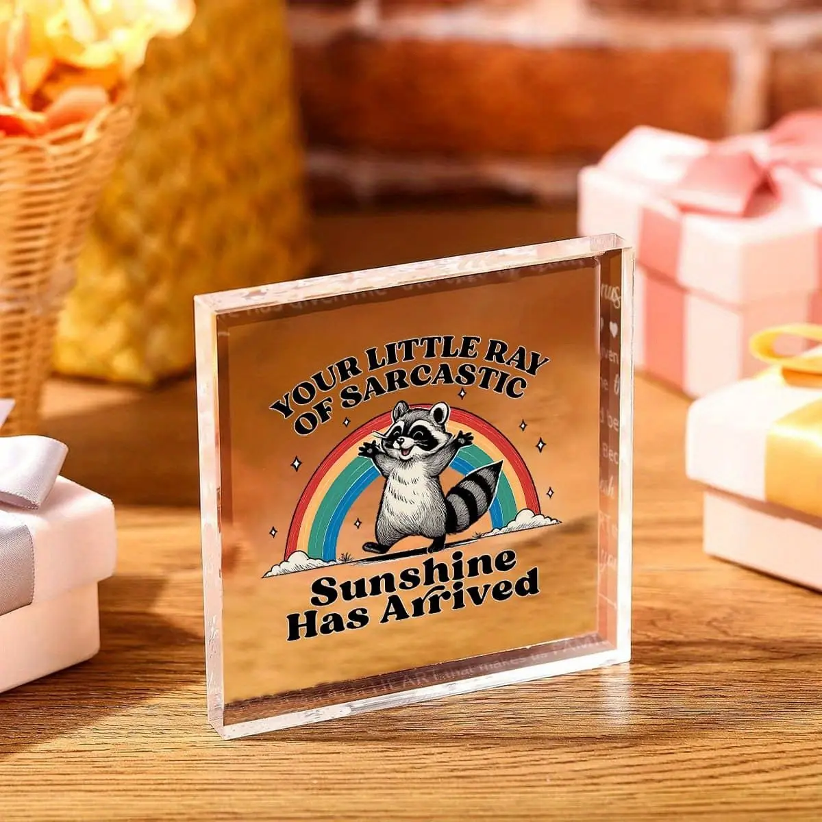 2D Fun Raccoon Desktop Decor, Transparent Acrylic Cube with Smiling Raccoon and Rainbow, Perfect Gift for Women and Girls, Home Office Decoration