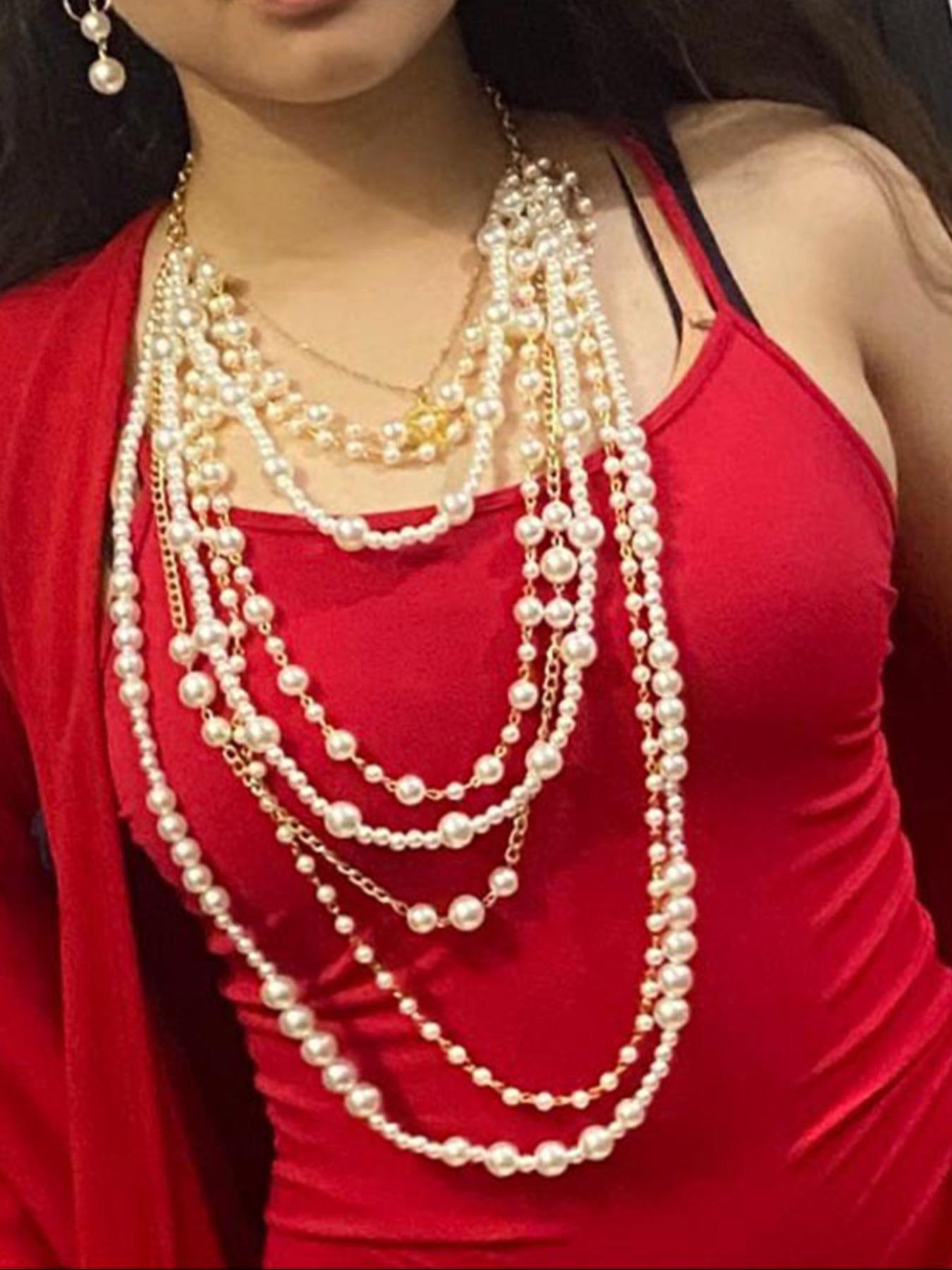 Exaggerated Multi-layer Faux Pearl Decorated Necklace & Dangle Earrings, Elegant Jewelry Set for Party, Daily Decor, Trendy All-match & Exquisite Jewelry for Birthday Gift