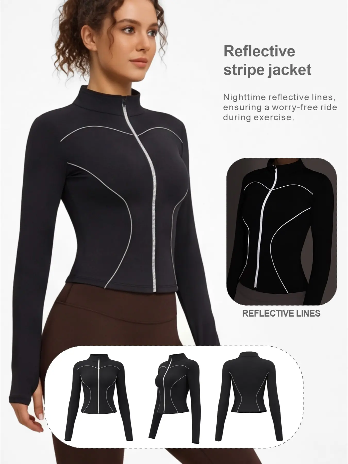 New Peach Line Reflective Jacket, Slim Fit Stand Collar Long Sleeve, Sporty Sports Jacket, Running Workout Jacket for Night Running, Daily Exercise, Dog Walking, Hiking#summerwins#ModoPartido