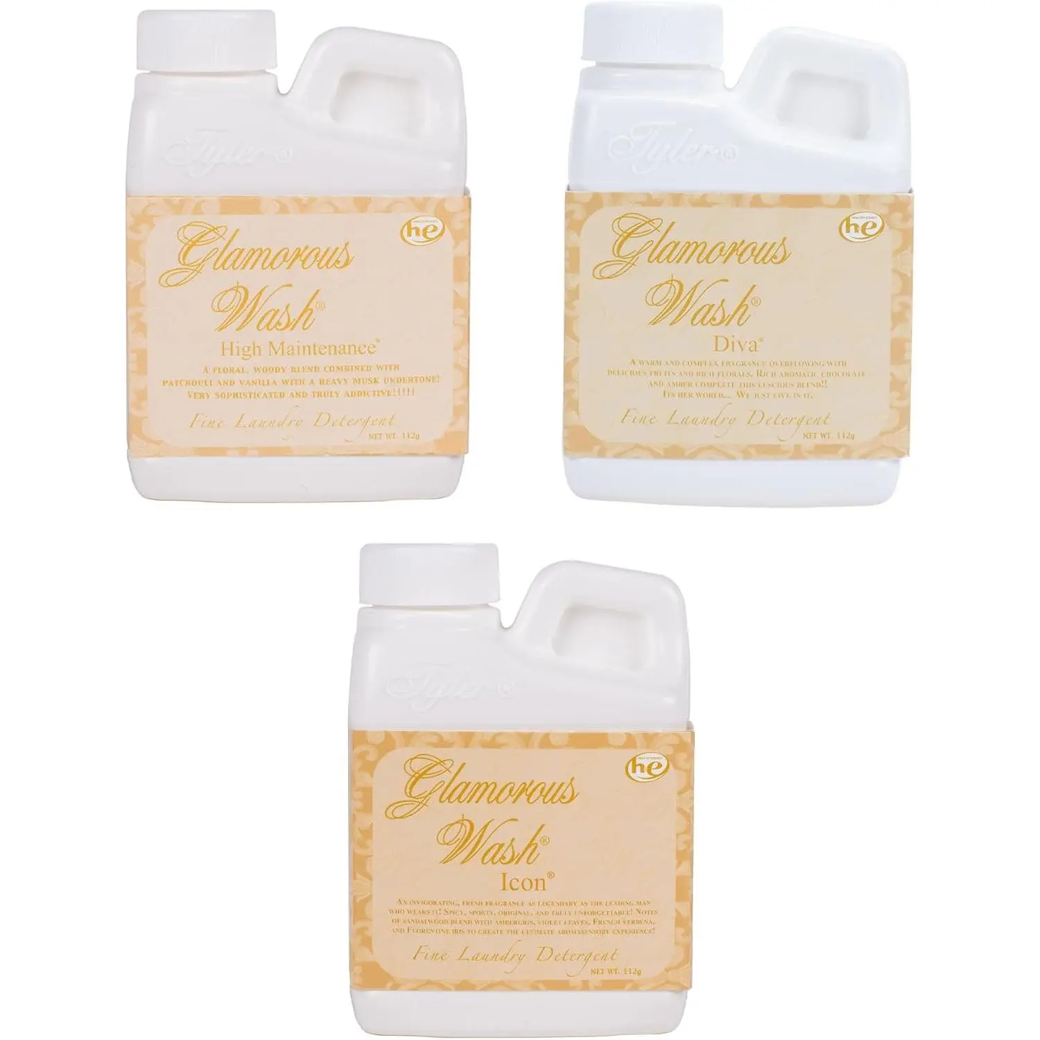 Tyler Candle Glamorous Wash and Luxurious High Efficient 4 ounce Fine Liquid Laundry Detergent, 3 Scent , High Maintenance, Diva, Icon
