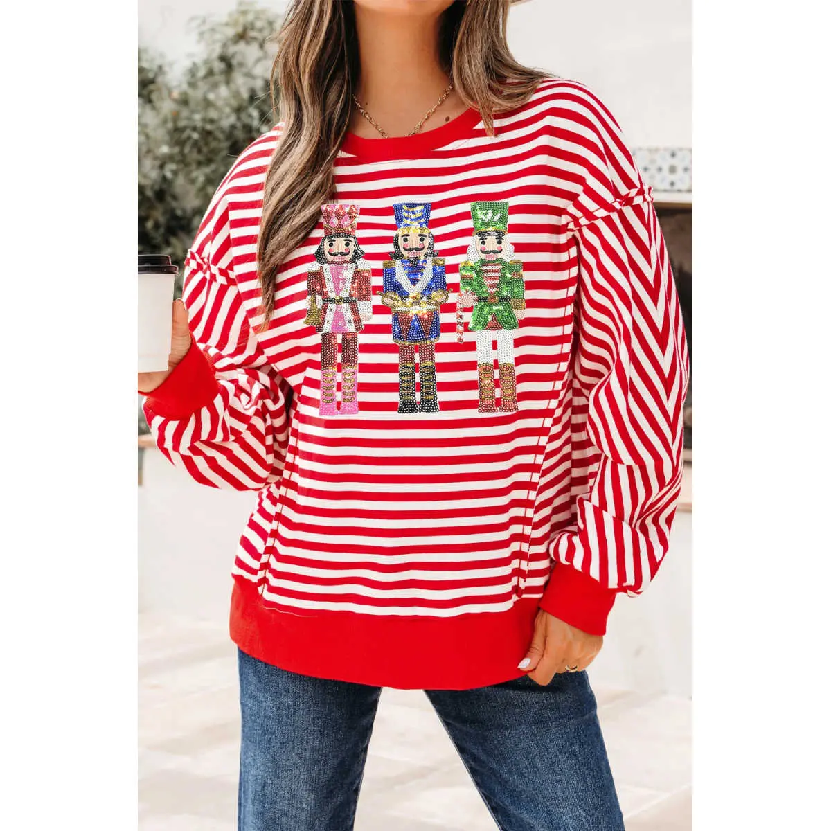 Red Stripe Christmas Nutcracker Sequin Patched Drop Shoulder Top