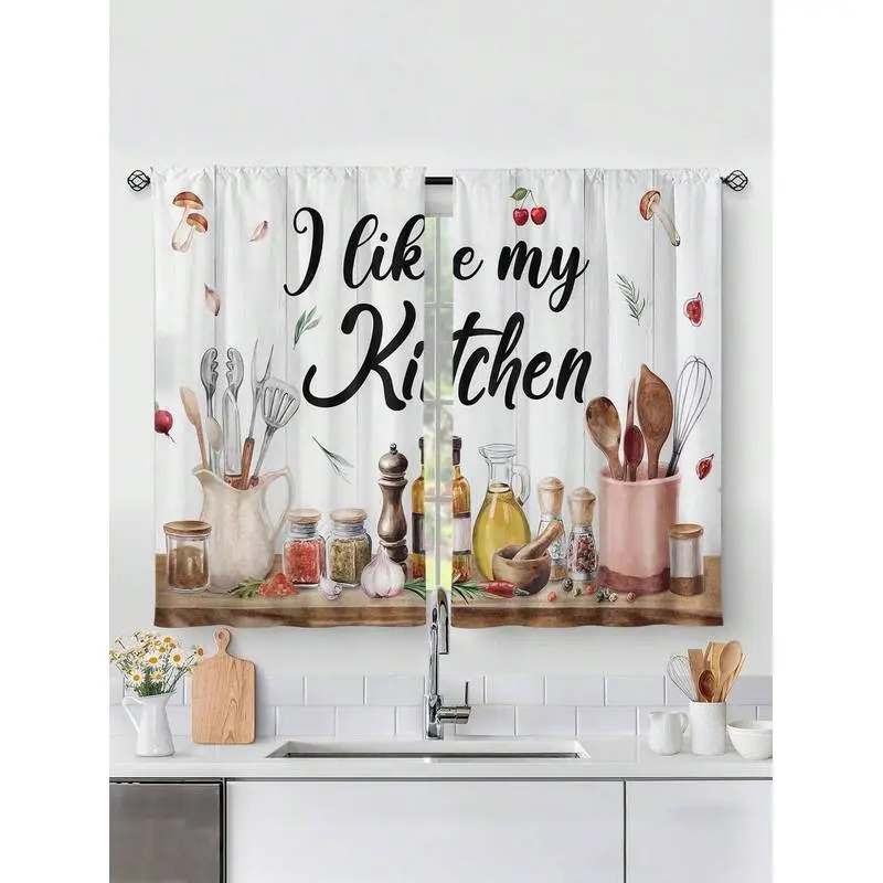 2pcs Polyester Semi-Sheer Retro Rustic Kitchen Curtains - Multicolor Farmhouse Country Mushroom Leaves Wood Plank Vintage Print, Steam-Resistant Holeless Curtains for Kitchen Home Decor